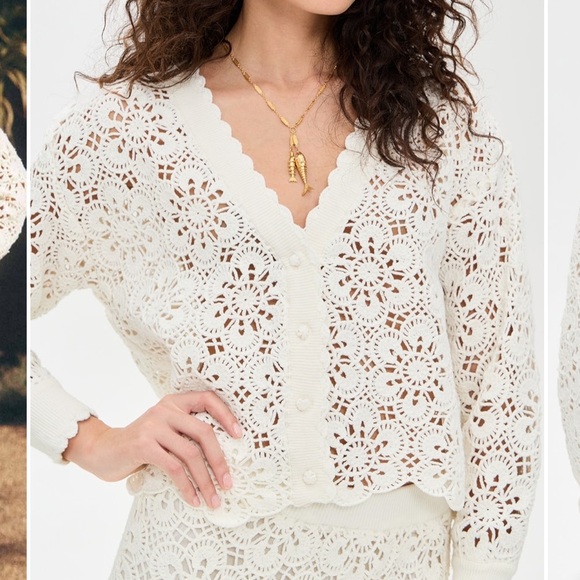 FARM Rio Sweaters - FARM Rio Cream Flower Crochet Cardigan